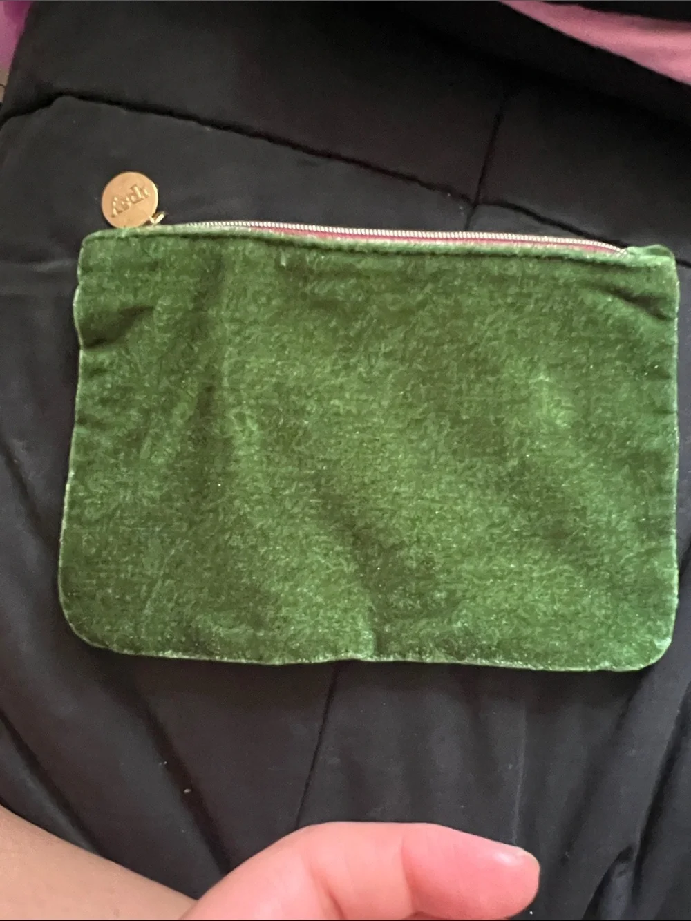 ipsy Green Velvet Makeup Pouch with Pink Trim